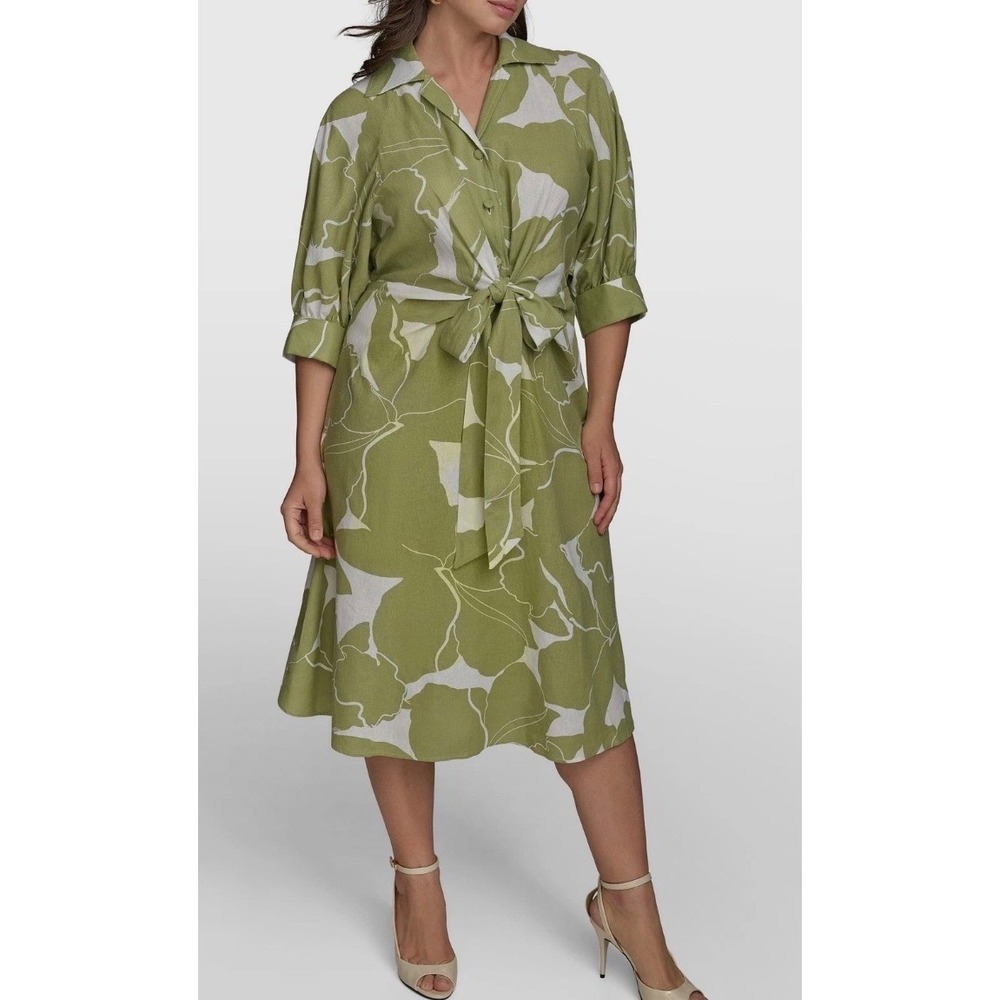 Lafayette 148 New York Green Floral Linen Tie Waist Midi Dress Size 6 KA5F48U0